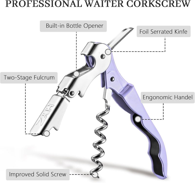 HYZ 2-Pack Wine Opener Waiter Corkscrew, Professional Wine Key for Servers, Bartender with Foil Cutter, Manual Wine Bottle Opener Double Hinged (Lavender) - Image 2
